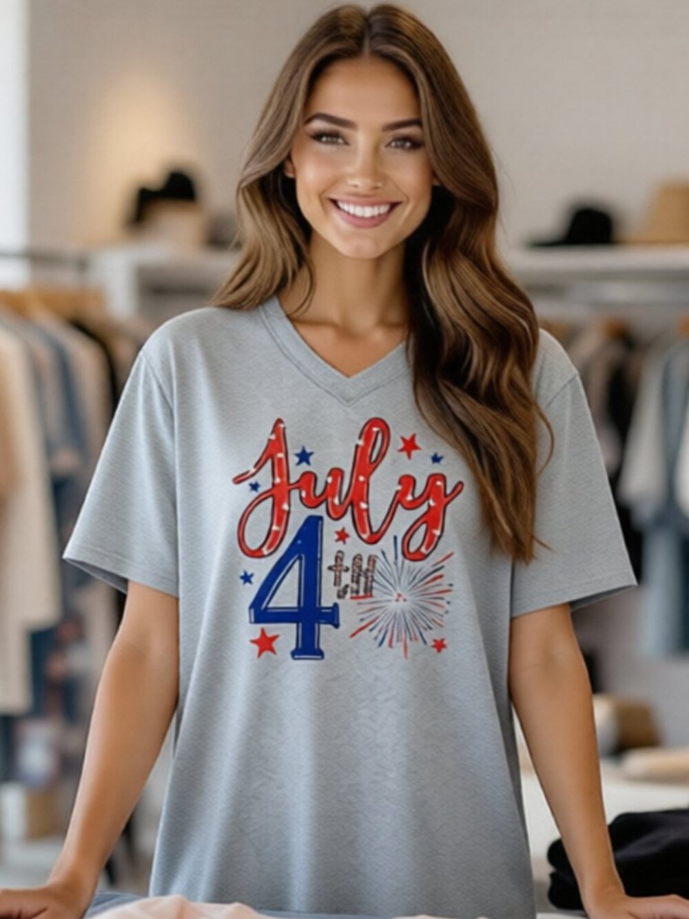 NWOT HEATHER GREY POLY BLEND V-NECK USA 4TH OF JULY PATRIOTIC T-SHIRT LARGE